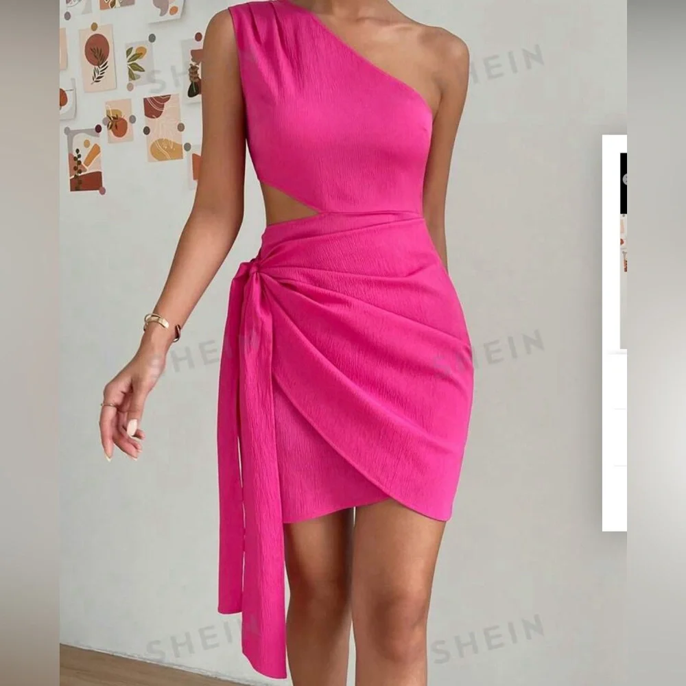 HOT pink one shoulder dress - Picture 3 of 5